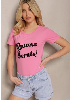 Różowy Casualowy T-shirt z Bawełny Wykończony Cyrkoniowym Napisem Lavisha ze sklepu Renee odzież w kategorii Bluzki damskie - zdjęcie 171943250