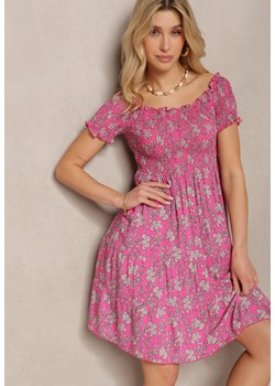 Różowa Sukienka z Bawełny Typu Hiszpanka z Marszczoną Górą i Falbanką Jannesto ze sklepu Renee odzież w kategorii Sukienki - zdjęcie 171943384