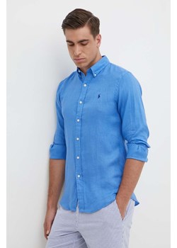 Polo Ralph Lauren koszula lniana męska kolor niebieski slim z kołnierzykiem button-down ze sklepu ANSWEAR.com w kategorii Koszule męskie - zdjęcie 171950563