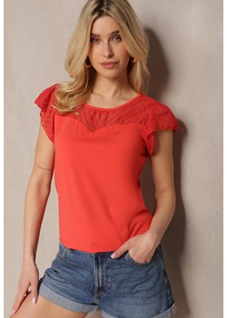 Czerwony Elegancki T-shirt z Bawełny z Przezroczystymi Wstawkami Biopara ze sklepu Renee odzież w kategorii Bluzki damskie - zdjęcie 171959561