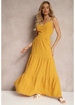Źółta Sukienka na Ramiączkach z Regulacją z Gumką w Talii i Falbanką Faviara ze sklepu Renee odzież w kategorii Sukienki - zdjęcie 171959641