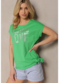 Zielony Bawełniany T-shirt z Nadrukiem i Ozdobnym Wiązaniem na Dole Baxena ze sklepu Renee odzież w kategorii Bluzki damskie - zdjęcie 171959681