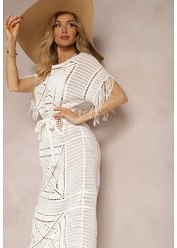 Biała Szydełkowa Sukienka Maxi z Frędzlami i Rękawem Typu Nietoperz Yumoto ze sklepu Renee odzież w kategorii Odzież plażowa - zdjęcie 171959701