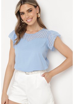 Niebieski Bawełniany T-shirt Bluzka z Przezroczystymi Rękawami i Dekoltem Lavinara ze sklepu Born2be Odzież w kategorii Bluzki damskie - zdjęcie 171996024