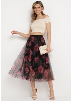 Czarno-Różowa Spódnica Plisowana z Gumką w Talii w Kwiaty Drosa ze sklepu Born2be Odzież w kategorii Spódnice - zdjęcie 171996170