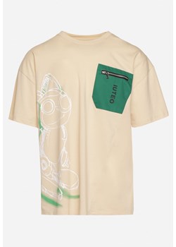 Beżowa Klasyczna Bawełniana Koszulka z Nadrukiem i Kieszonką na Suwak Aliccia ze sklepu Born2be Odzież w kategorii T-shirty męskie - zdjęcie 171996313