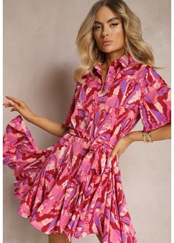 Różowa Rozkloszowana Sukienka o Koszulowym Kroju z Paskiem w Talii w Abstrakcyjny Wzór Farae ze sklepu Renee odzież w kategorii Sukienki - zdjęcie 171996484