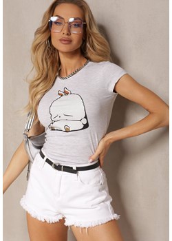 Jasnoszary T-shirt z Bawełny z Ozdobnym Nadrukiem Janesto ze sklepu Renee odzież w kategorii Bluzki damskie - zdjęcie 171996604