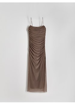 Reserved - Tiulowa sukienka z marszczeniami - brązowy ze sklepu Reserved w kategorii Sukienki - zdjęcie 172003610