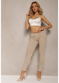Beżowe Spodnie Skinny z Bawełny z Dodatkowym Paskiem z Ekoskóry Natsulle ze sklepu Renee odzież w kategorii Spodnie damskie - zdjęcie 172004673