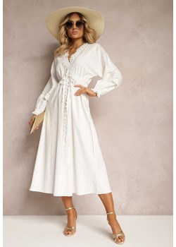 Biała Sukienka z Bawełny z Gumką w Talii i Koronkowymi Wstawkami z Materiałowym Paskiem Larila ze sklepu Renee odzież w kategorii Sukienki - zdjęcie 172004832