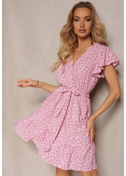 Różowa Kwiecista Sukienka z Falbankami z Gumką w Talii i Materiałowym Paskiem Nannesa ze sklepu Renee odzież w kategorii Sukienki - zdjęcie 172004862