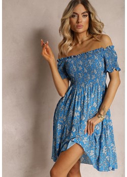 Niebieska Sukienka z Bawełny Typu Hiszpanka z Marszczoną Górą i Falbanką Jannesto ze sklepu Renee odzież w kategorii Sukienki - zdjęcie 172004872