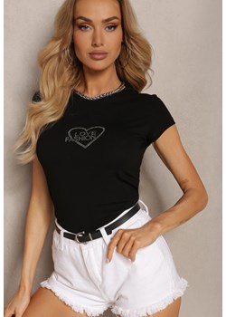 Czarna Koszulka T-shirt Bawełniany z Nadrukiem z Cyrkoniami Efila ze sklepu Renee odzież w kategorii Bluzki damskie - zdjęcie 172004923