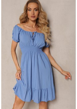 Niebieska Sukienka z Wiskozy z Gumkami w Talii i Dekoltem ze Ściągaczem Tiimazela ze sklepu Renee odzież w kategorii Sukienki - zdjęcie 172005003