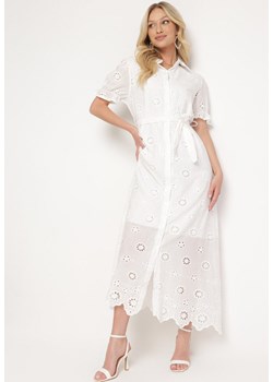 Biała Koszulowa Sukienka z Ażurowym Haftem i Bufiastymi Rękawami Lieve ze sklepu Born2be Odzież w kategorii Sukienki - zdjęcie 172018542
