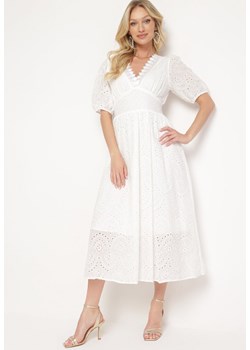 Biała Bawełniana Sukienka z Haftowanej Tkaniny z Gumkami w Pasie Folvira ze sklepu Born2be Odzież w kategorii Sukienki - zdjęcie 172018563