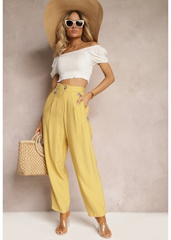Żółte Spodnie Typu Paper Bag High Waist Ozdobione Cyrkoniami Sajara ze sklepu Renee odzież w kategorii Spodnie damskie - zdjęcie 172019221