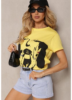 Żółty T-shirt z Bawełny Ozdobiony Nadrukiem i Cyrkoniami Chinelia ze sklepu Renee odzież w kategorii Bluzki damskie - zdjęcie 172019241