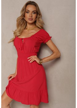 Czerwona Sukienka z Wiskozy z Gumkami w Talii i Dekoltem ze Ściągaczem Tiimazela ze sklepu Renee odzież w kategorii Sukienki - zdjęcie 172019251