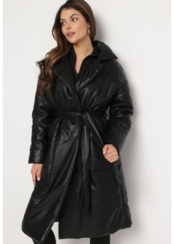 Czarny Płaszcz z Imitacji Skóry z Wiązanym Paskiem Telmi ze sklepu Born2be Odzież w kategorii Płaszcze damskie - zdjęcie 172031062