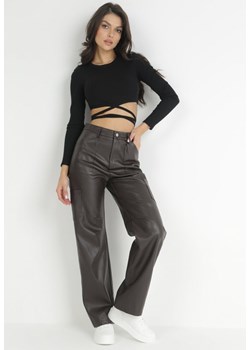 Ciemnobrązowe Spodnie Szerokie z Imitacji Skóry Ononi ze sklepu Born2be Odzież w kategorii Spodnie damskie - zdjęcie 172031300