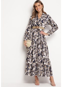 Granatowo-Beżowa Sukienka z Roślinnym Wzorem i Plecionym Paskiem Nouylas ze sklepu Born2be Odzież w kategorii Sukienki - zdjęcie 172031320