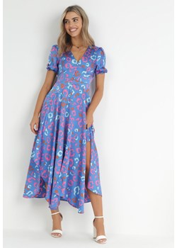Niebieska Sukienka Maxi z Asymetrycznym Dołem i Krótkim Rękawem z Falbankami Ammie ze sklepu Born2be Odzież w kategorii Sukienki - zdjęcie 172031380