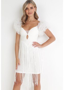 Biała Dopasowana Sukienka Mini z Tiulowymi Rękawami i Frędzlami Malenka ze sklepu Born2be Odzież w kategorii Sukienki - zdjęcie 172031793