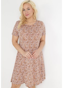 Ciemnobeżowa Trapezowa Sukienka Mini w Kwiatowy Wzór Aganis ze sklepu Born2be Odzież w kategorii Sukienki - zdjęcie 172031873