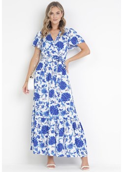 Niebieska Sukienka Maxi z Gumką i Wiązaniem w Talii z Wiskozy Aspasia ze sklepu Born2be Odzież w kategorii Sukienki - zdjęcie 172031911