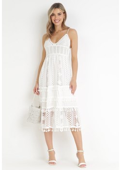 Biała Szydełkowa Sukienka Midi na Cienkich Ramiączkach i Gumką w Talii Kahri ze sklepu Born2be Odzież w kategorii Sukienki - zdjęcie 172032220