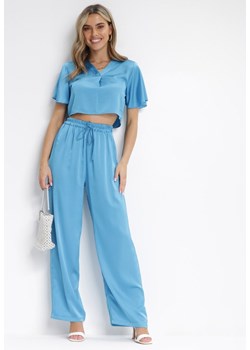 Niebieskie Satynowe Spodnie z Gumką w Pasie i Szerokimi Nogawkami Sohamen ze sklepu Born2be Odzież w kategorii Spodnie damskie - zdjęcie 172032290