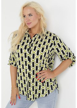 Zielona Koszula w Geometryczny Wzór z Podpinanymi Rękawami Anokia ze sklepu Born2be Odzież w kategorii Koszule damskie - zdjęcie 172032300