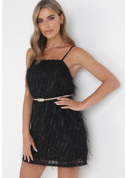 Czarna Sukienka Mini z Cienkimi Frędzlami i Kwadratowym Dekoltem Lockia ze sklepu Born2be Odzież w kategorii Sukienki - zdjęcie 172032352