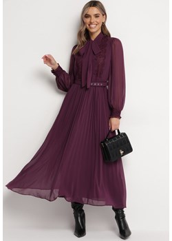 Ciemnofioletowa Rozkloszowana Sukienka Maxi z Plisowanym Dołem i Paskiem Brofilla ze sklepu Born2be Odzież w kategorii Sukienki - zdjęcie 172032661