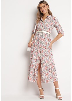 Biało-Czerwona Kwiatowa Sukienka Maxi z Bawełny w Koszulowym Stylu Memorfa ze sklepu Born2be Odzież w kategorii Sukienki - zdjęcie 172032903