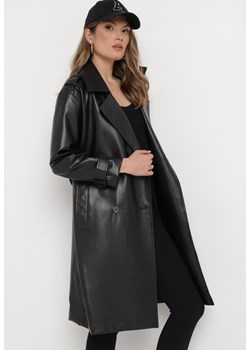 Czarny Długi Płaszcz Trencz z Imitacji Skóry Wiązany w Pasie Lintia ze sklepu Born2be Odzież w kategorii Płaszcze damskie - zdjęcie 172032993