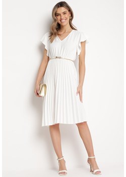 Biała Sukienka Rozkloszowana Midi z Plisowanym Dołem Sabara ze sklepu Born2be Odzież w kategorii Sukienki - zdjęcie 172033120