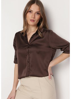 Ciemnobrązowa Klasyczna Satynowa Koszula z Długim Rękawem Talinde ze sklepu Born2be Odzież w kategorii Koszule damskie - zdjęcie 172033183