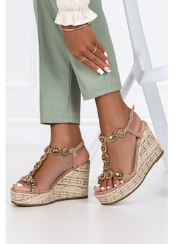 Beżowe sandały skórzane damskie espadryle na koturnie z kryształkami PRODUKT POLSKI Casu 2490 ze sklepu Casu w kategorii Sandały damskie - zdjęcie 172042333