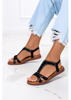 Czarne sandały płaskie z kryształkami z gumką Casu ER22X2-B ze sklepu Casu w kategorii Sandały damskie - zdjęcie 172043173