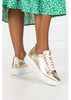 Złote sneakersy skórzane damskie buty sportowe sznurowane na białej platformie PRODUKT POLSKI Casu 2288 ze sklepu Casu w kategorii Buty sportowe damskie - zdjęcie 172044134