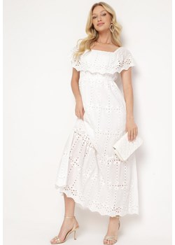 Biała Sukienka Hiszpanka z Gumką w Pasie Ozdobiona Falbanką Lievana ze sklepu Born2be Odzież w kategorii Sukienki - zdjęcie 172046211