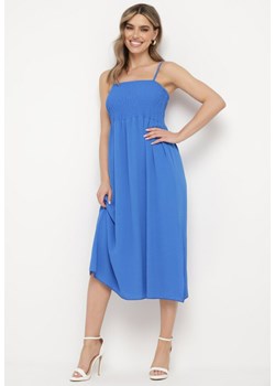 Niebieska Sukienka na Cienkich Ramiączkach z Marszczoną Górą Ebissa ze sklepu Born2be Odzież w kategorii Sukienki - zdjęcie 172046704