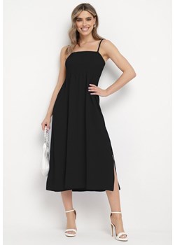 Czarna Sukienka na Cienkich Ramiączkach z Marszczoną Górą Ebissa ze sklepu Born2be Odzież w kategorii Sukienki - zdjęcie 172046711