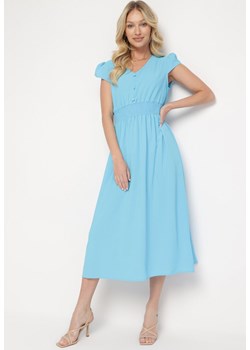 Niebieska Rozkloszowana Sukienka z Gumką w Pasie Ozdobiona Guzikami Timaxre ze sklepu Born2be Odzież w kategorii Sukienki - zdjęcie 172046830