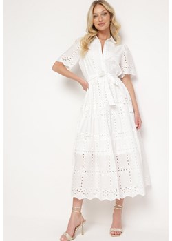 Biała Ażurowa Sukienka z Bawełny Przewiązywana w Talii z Guzikami Pariena ze sklepu Born2be Odzież w kategorii Sukienki - zdjęcie 172046914
