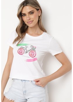 Biały T-shirt z Bawełny Ozdobiony Nadrukiem i Kryształkami Halarae ze sklepu Born2be Odzież w kategorii Bluzki damskie - zdjęcie 172046991