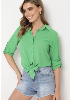 Zielona Koszula Zapinana na Guziki Wiązana na Dole z Podpinanymi Rękawami Ranestia ze sklepu Born2be Odzież w kategorii Koszule damskie - zdjęcie 172047264